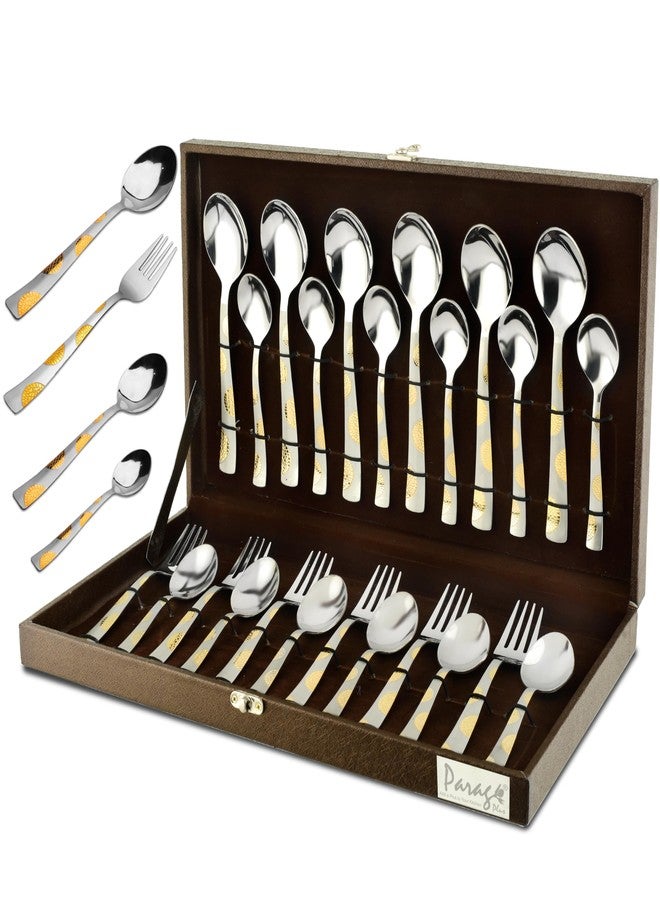 Parage 24 Pieces Premium Stainless Steel Golden Cutlery Set, Home & Kitchen with Gift Box, (6 Pieces Each Table Spoons, Table Forks, Dinner Spoon & Tea Spoons) with Leatherite Box (Moonpress Design) - Image 1